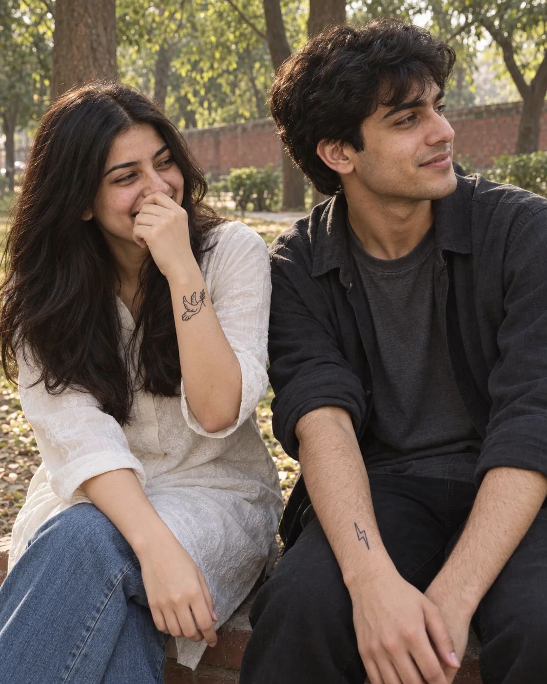 Two Pakistani friends wearing DraftedSkin semi-permanent tattoos in a Lahore park