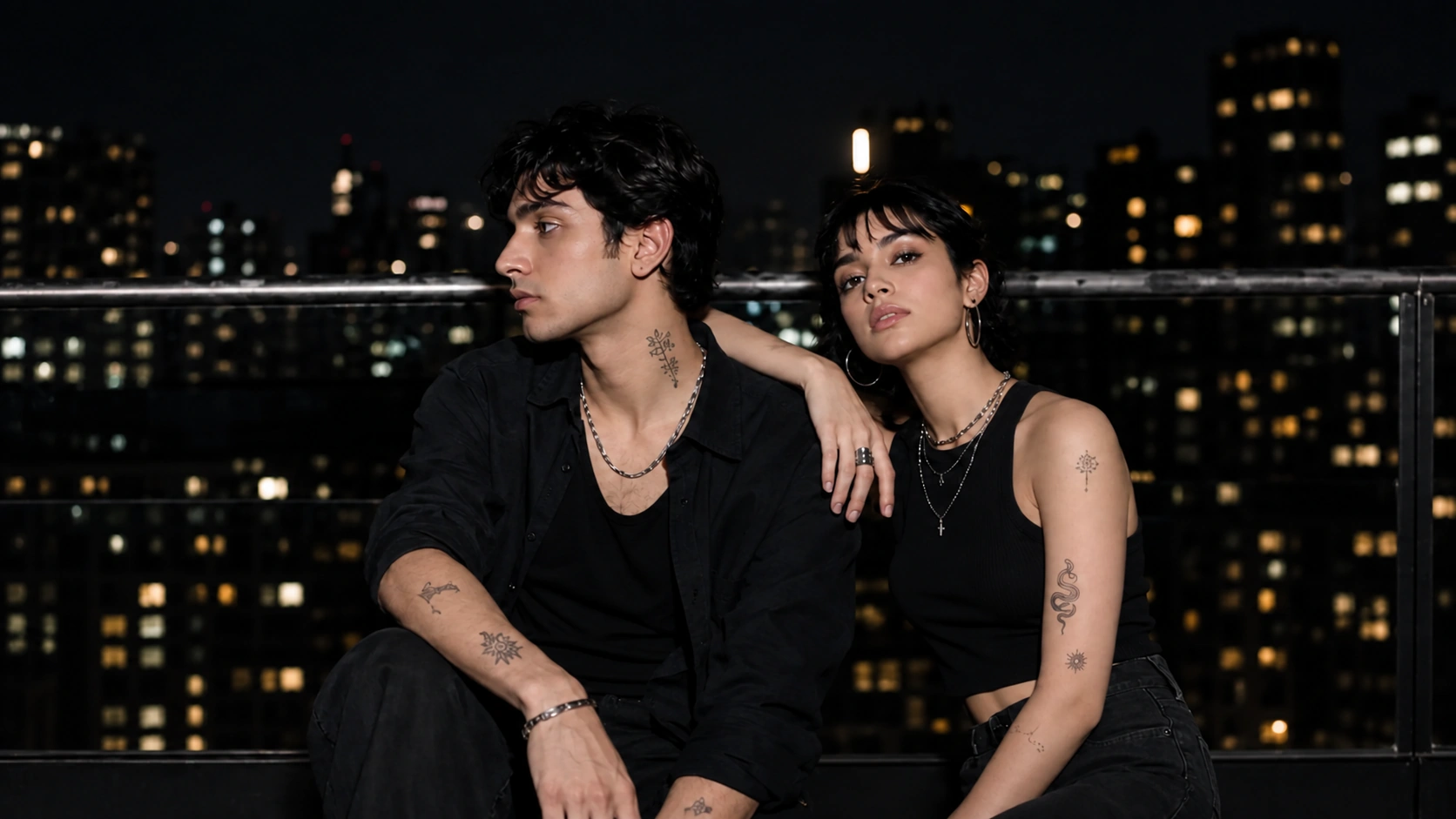 Two young Pakistani models wearing DraftedSkin temporary tattoos on a rooftop after dark
