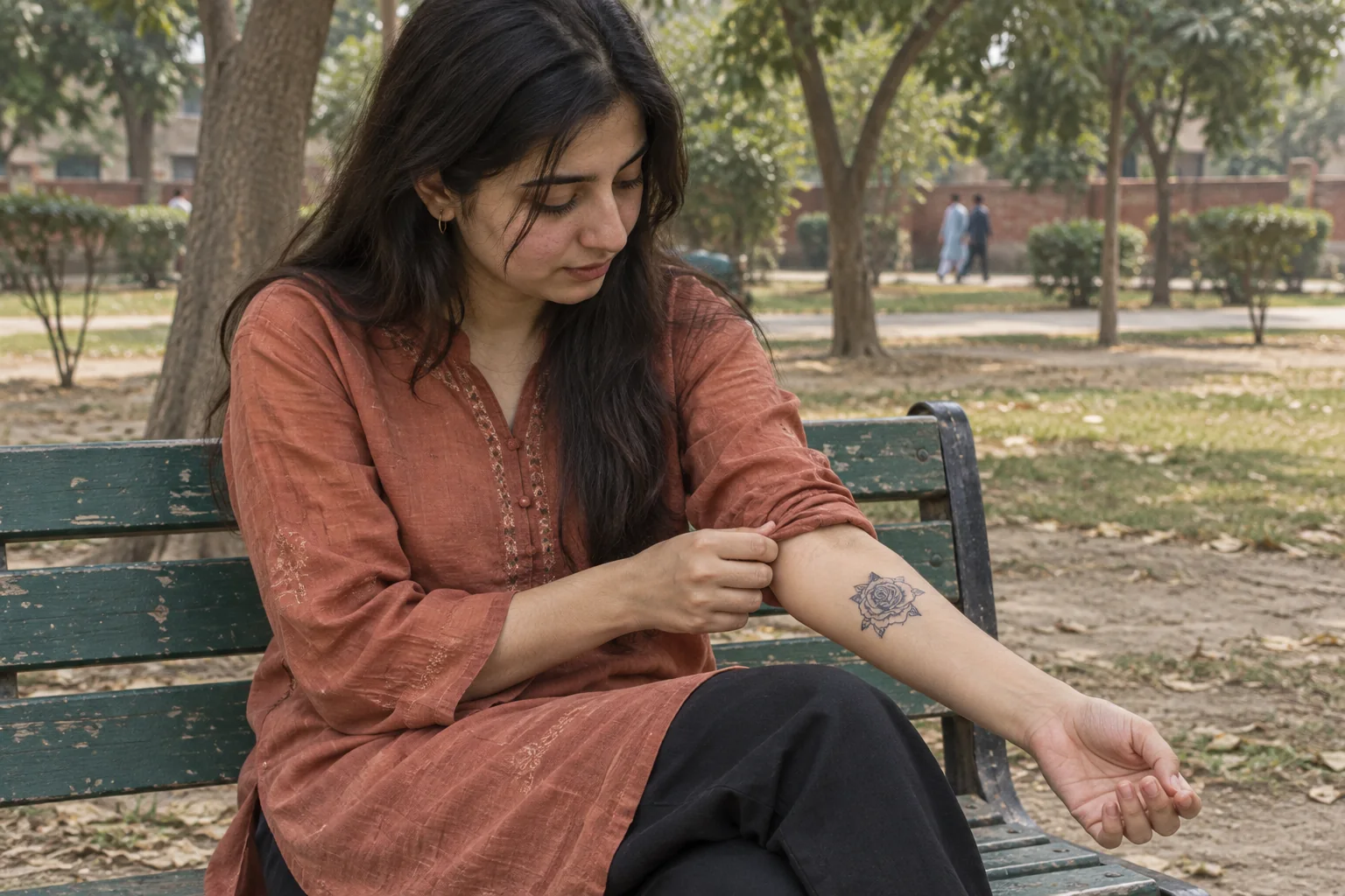 A rose temporary tattoo worn on a park bench in Lahore