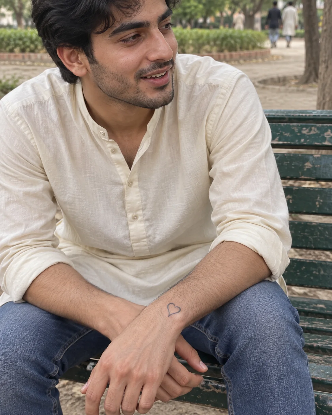 A young Pakistani man wearing a heart temporary tattoo on a weathered park bench