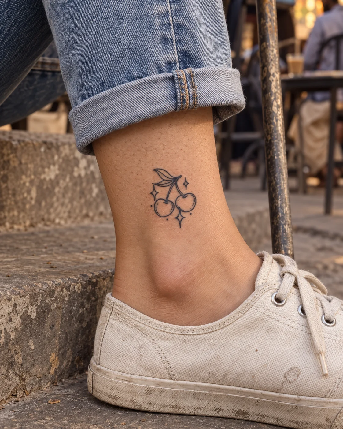 A playful cherry temporary tattoo worn at an outdoor chai courtyard in Lahore