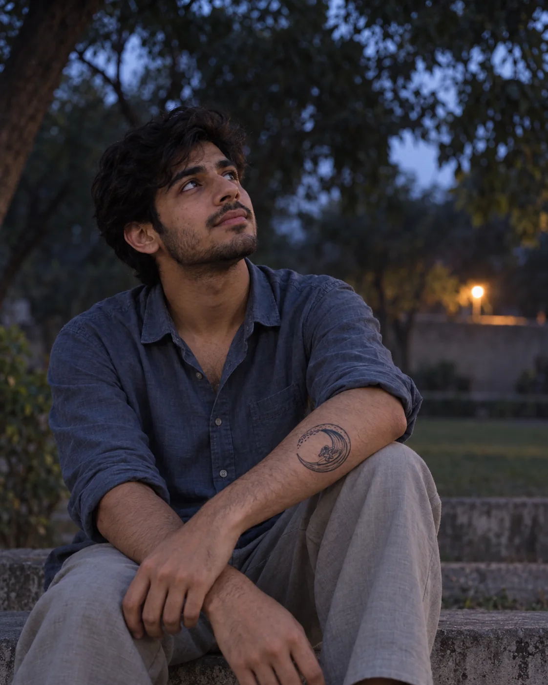 A young Pakistani man wearing a lunar-wave temporary tattoo at blue hour