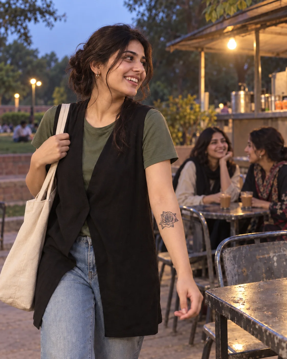 A young Pakistani woman wearing a rose temporary tattoo at an outdoor chai spot