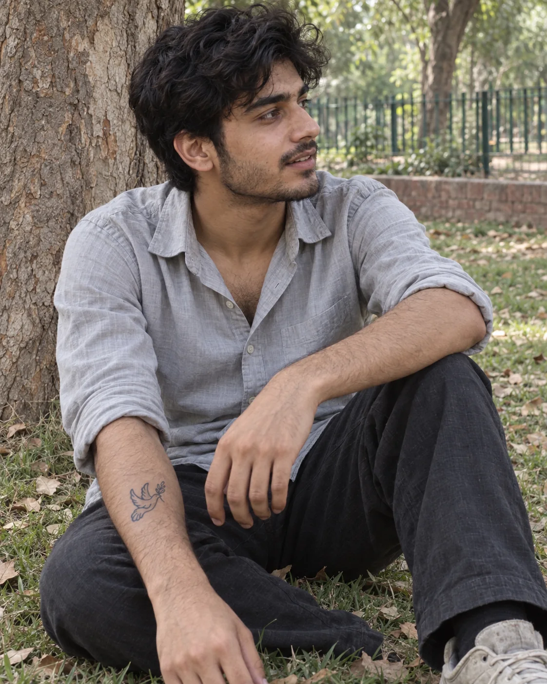 A young Pakistani man wearing a dove temporary tattoo under a tree in a Lahore park